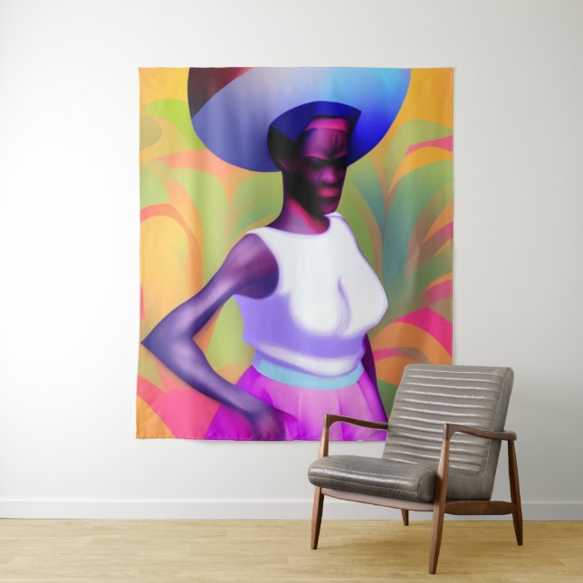 African Old Woman Carrying Vase On Her Head Tapestry (In Situ)