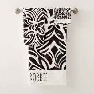 African Ornament Subtle Black White Pattern Bath Towel Set