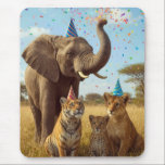 African Party Animals with Hats and Confetti Mouse Pad<br><div class="desc">An elephant wearing a birthday party hat is spraying colorful confetti in the savannah grass with lion, leopard, and tiger cubs</div>