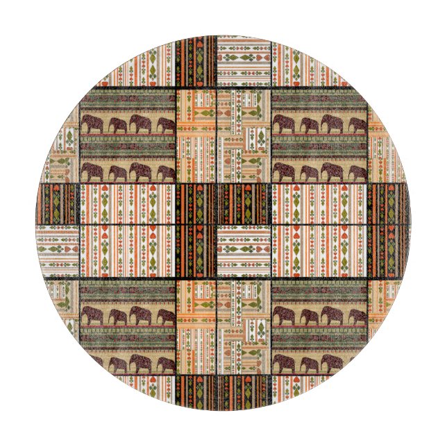 African Patchwork Elephants: Ornamental Texture Cutting Board (Front)