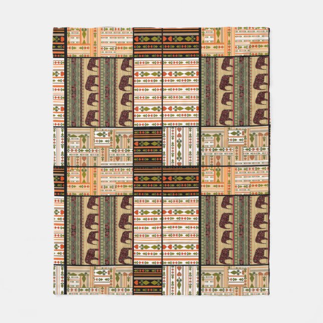African Patchwork Elephants: Ornamental Texture Fleece Blanket (Front)