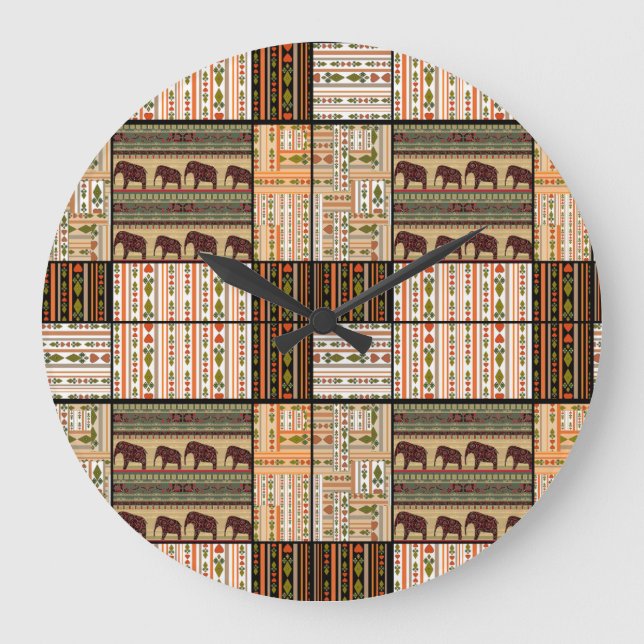 African Patchwork Elephants: Ornamental Texture Large Clock (Front)
