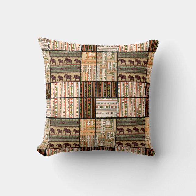 African Patchwork Elephants: Ornamental Texture Throw Pillow (Front)
