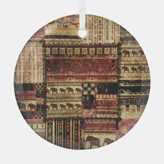 African Patchwork: Grunge Print Background Glass Ornament