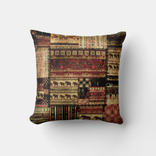 African Patchwork: Grunge Print Background Throw Pillow