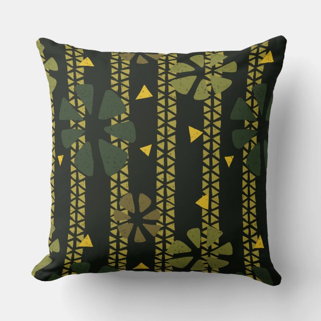 African Pattern Green, Mustard, Brown Stripe Throw Pillow (Front)