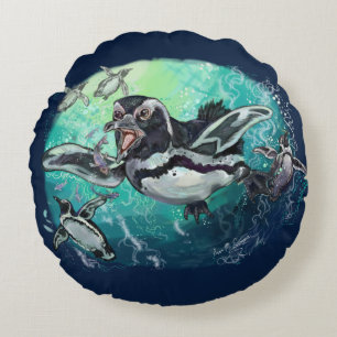 African Penguin Fishy Feast Round Pillow