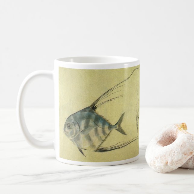 African Pompano Fish, Vintage Threadfin Trevally Coffee Mug (With Donut)
