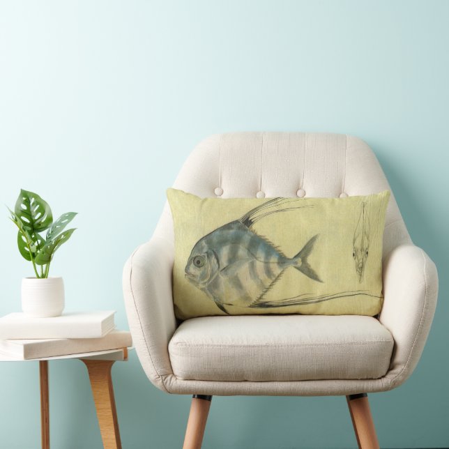 African Pompano Fish, Vintage Threadfin Trevally Lumbar Pillow (Chair)