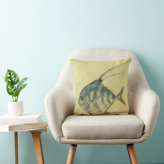 African Pompano Fish, Vintage Threadfin Trevally Throw Pillow (Chair)