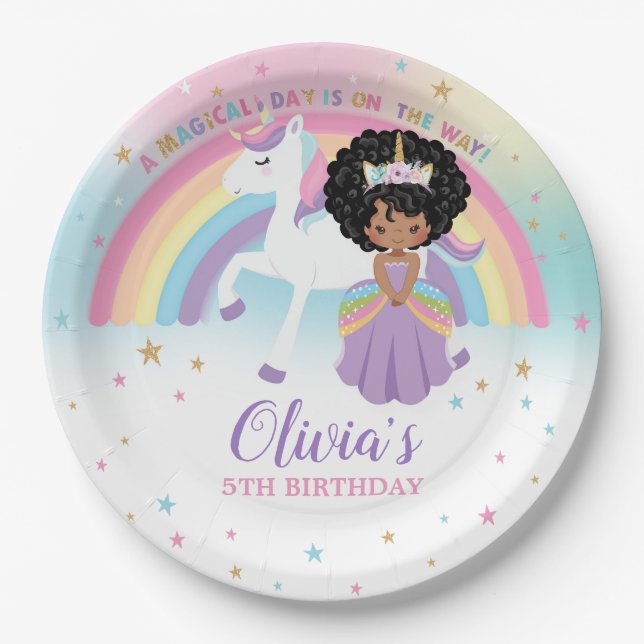 African Princess & Unicorn Birthday Party Rainbow  Paper Plate (Front)