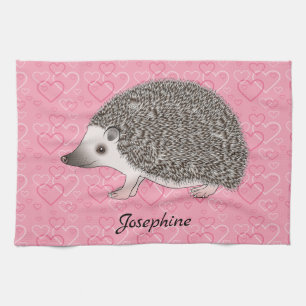 African Pygmy Hedgehog On Pink Heart Pattern Kitchen Towel