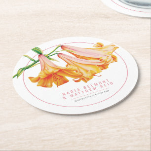 African Queen lily orange pink floral art wedding Round Paper Coaster