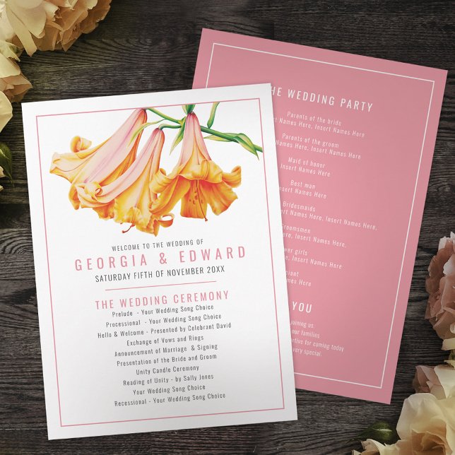 African Queen Lily orange watercolor wedding Program (Creator Uploaded)