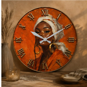 African Queen Vibrant Orange Portrait Art Large Clock