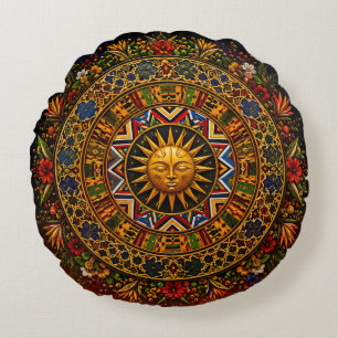 African Sacred Geometry Mandala — Kente Ndebele Round Pillow
