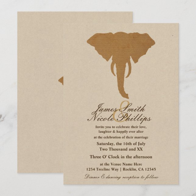 African Safari Brown Wild Elephant Vintage Wedding Invitation (Front/Back)
