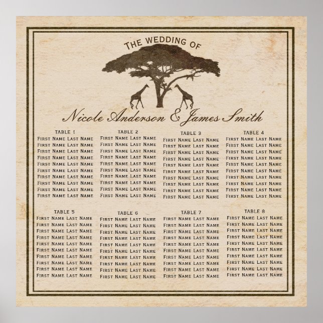 African Safari Giraffes & Tree Wedding Seating Poster (Front)