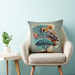 African Safari Lion Head Throw Pillow