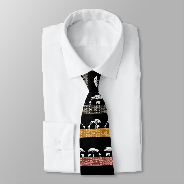 African Safari Mudcloth Pattern Necktie | Giraffe  (Tied)