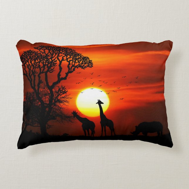 African Safari Sunset Animal Silhouettes Accent Pillow (Front)