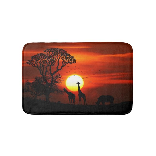African Safari Sunset Animal Silhouettes Bath Mat (Front)