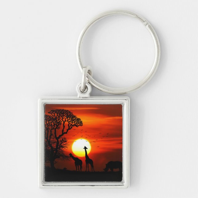 African Safari Sunset Animal Silhouettes Keychain (Front)