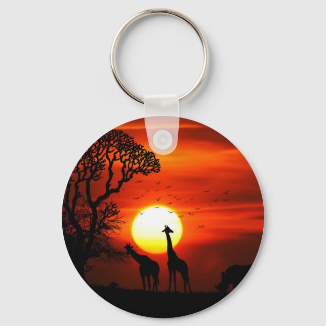 African Safari Sunset Animal Silhouettes Keychain (Front)