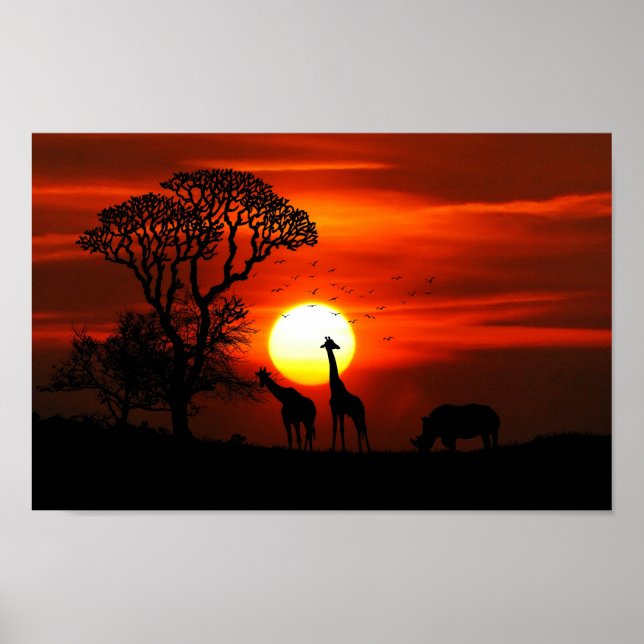 African Safari Sunset Animal Silhouettes Poster (Front)