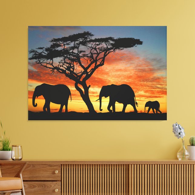 African Safari Sunset Elephant Silhouette Art Canvas Print (Insitu(LivingRoom))