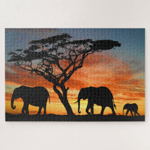 African Safari Sunset Elephant Silhouette Art Jigsaw Puzzle