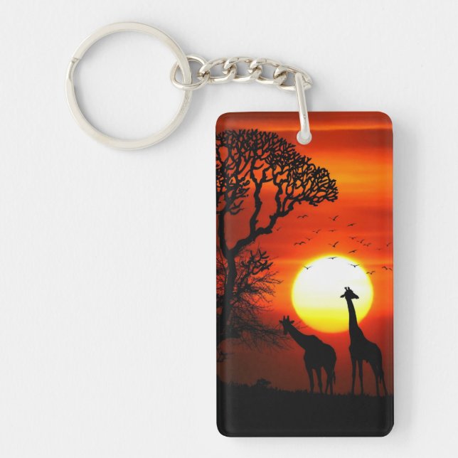African Safari Sunset Giraffe Silhouettes Keychain (Front)