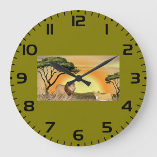 African Safari Sunset Lion and Lioness Large Clock