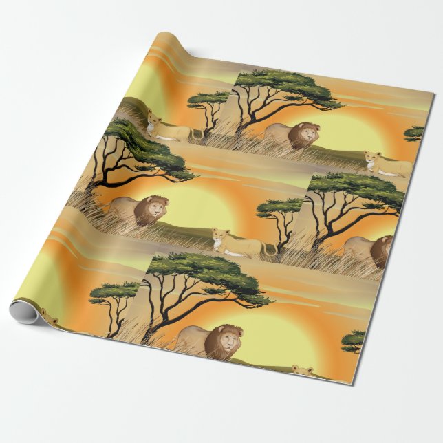 African Safari Sunset Lion and Lioness Wrapping Paper (Unrolled)