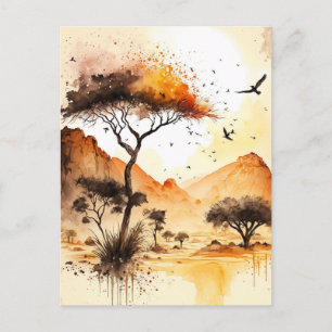 African Safari Sunset Watercolor with Acacia Tree Postcard