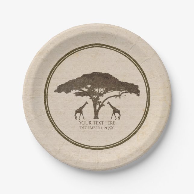 African Safari Two Giraffes & Tree Vintage Wedding Paper Plate (Front)