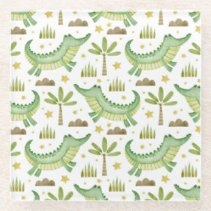African Safari: Watercolor Crocodile & Palm Trees Glass Coaster