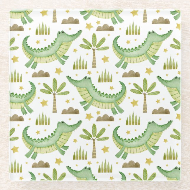 African Safari: Watercolor Crocodile & Palm Trees Glass Coaster (Front)