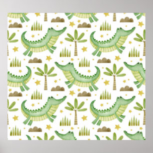 African Safari: Watercolor Crocodile & Palm Trees Poster