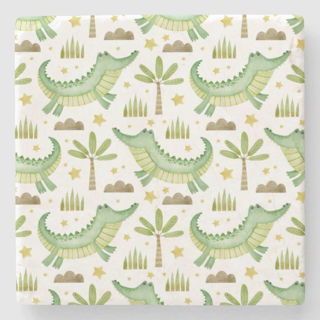 African Safari: Watercolor Crocodile & Palm Trees Stone Coaster (Front)