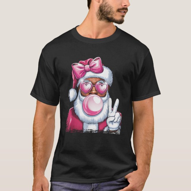 African Santa Blowing Bubble Gum Christmas Pink Su T-Shirt (Front)