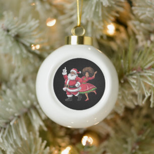 African Santa Mrs Claus Dancing American Christmas Ceramic Ball Christmas Ornament