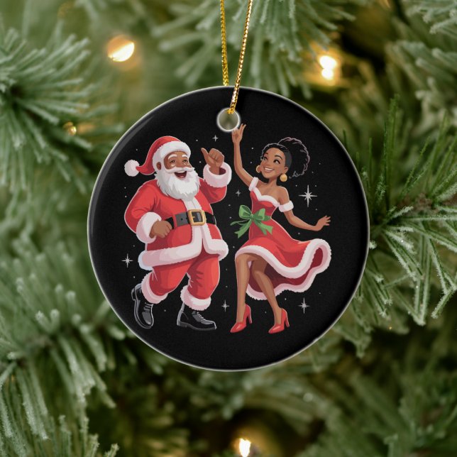 African Santa Mrs Claus Dancing American Christmas Ceramic Ornament (Tree)