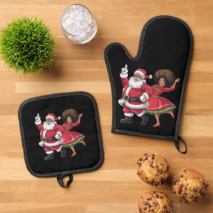 African Santa Mrs Claus Dancing American Christmas Oven Mitt & Pot Holder Set