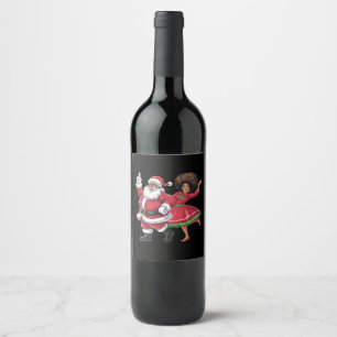 African Santa Mrs Claus Dancing American Christmas Wine Label