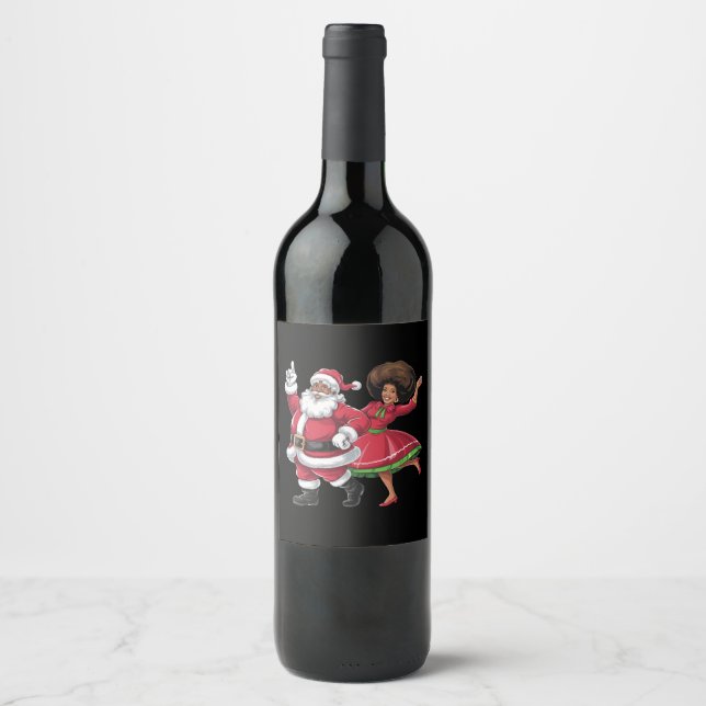 African Santa Mrs Claus Dancing American Christmas Wine Label (Front)