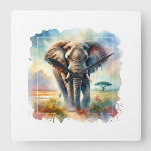 African Savanna Elephant 140724AREF113 - Watercolo Square Wall Clock