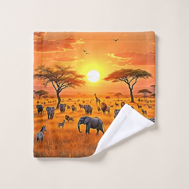 African Savanna Sunset Art Bath Towel Set (Wash Cloth)