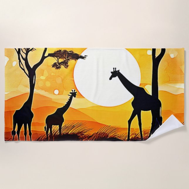 African Savannah Sunset Giraffe Scene Beach Towel (Front)