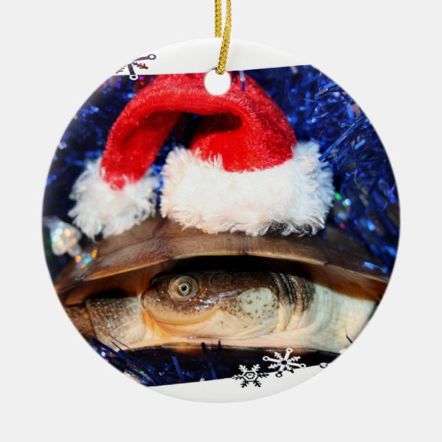 African Sideneck Turtle wearing a santa hat Ceramic Ornament (Front)